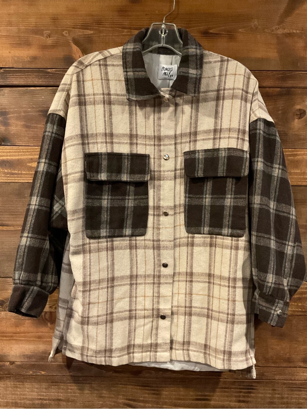 PRINCESS POLLY MYLEY Mix Flannel Plaid oversized Shirt Jacket - M/L Beige & Brow